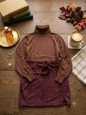 Soho Brown Turtleneck Sweater with Burgundy Skirt Set